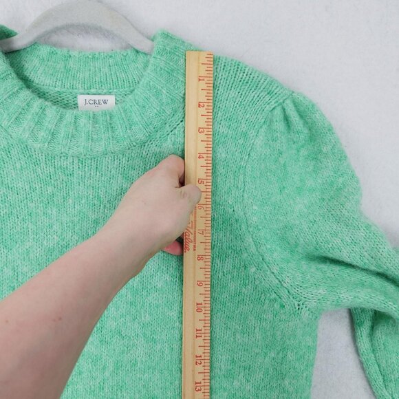 J Crew Sweater Womens Large Green Fuzzy Puff Sleeve Crew Neck Alpaca Blend - Picture 4 of 10